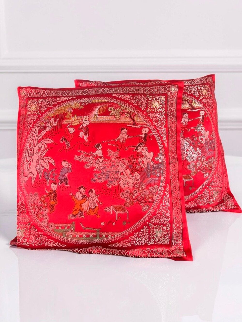 2 - Vintage Red Asian - Chinese Silk Or Satin Pillows Cushions 16 x 16 Inches